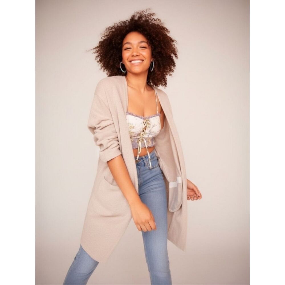 DONNI. Osfa Open Front Ribbed Sweater Cardigan Coat Duster In Sandwash One Size